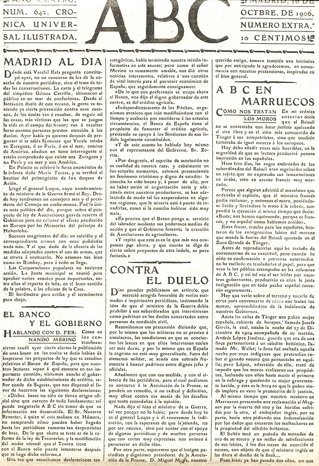 16 de octubre 1906. ABC Periódico. Madrid. Duelo a muerte en Zaragoza