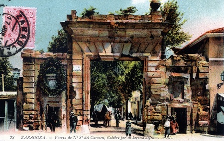 Postal coloreada, La Puerta del Carmen muralla de la ciudad en los Sitios de 1808-1809. Zaragoza. Inicios del siglo XX. 43