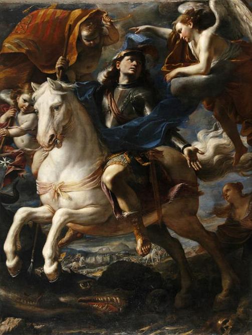San Jorge, en una representación a caballo en una pintura en la capilla de Aragón en Malta. 13