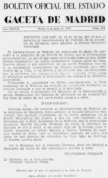 Escudo monezipal de Pedrola BOE