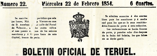 Cabecera Boletín Oficial de Teruel histórico 1854