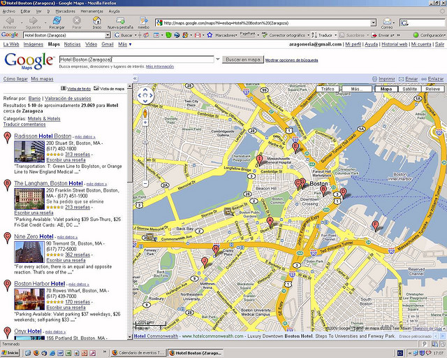 Localización del Hotel Boston de Zaragoza confundido por Google con la ciudad de Boston