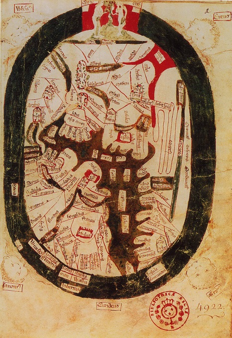 Mapamundi de Ranulph Higden del año 1350 de nuestra era
