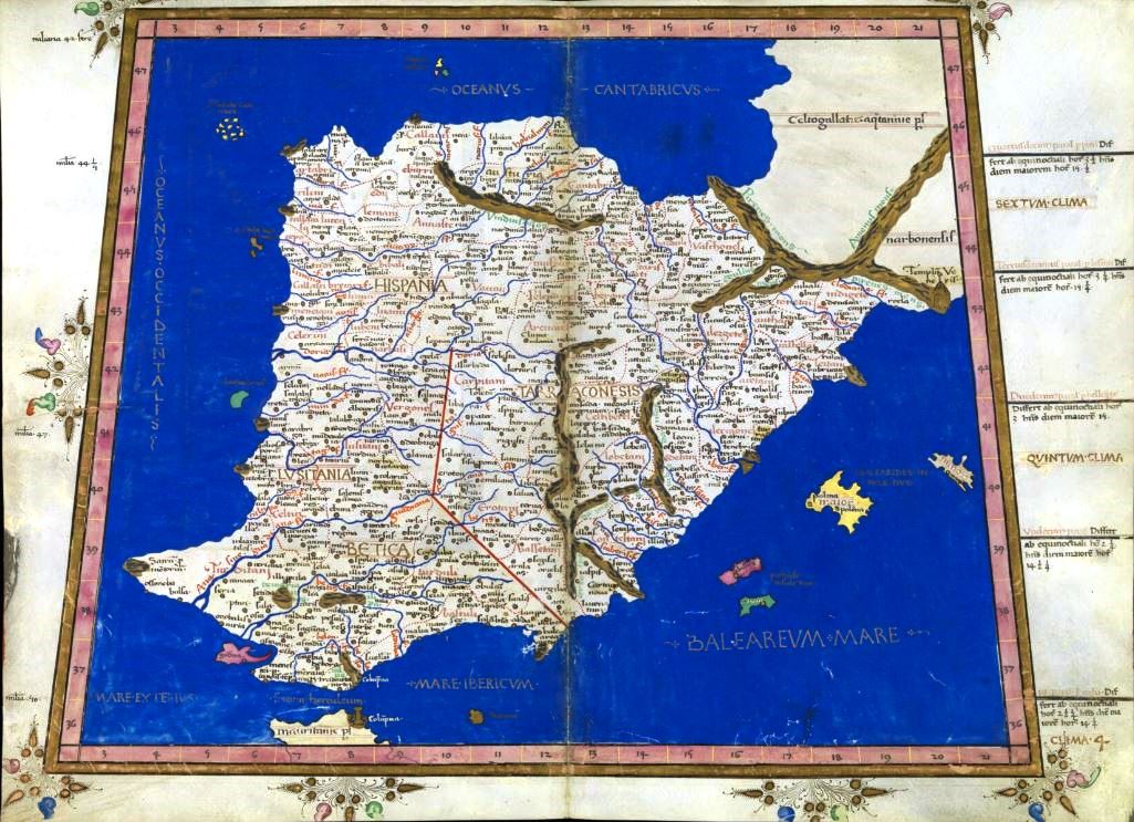 Mapa de la antigua Hispania en la edición de Miguel Servet de la Geographia de Ptolomeo