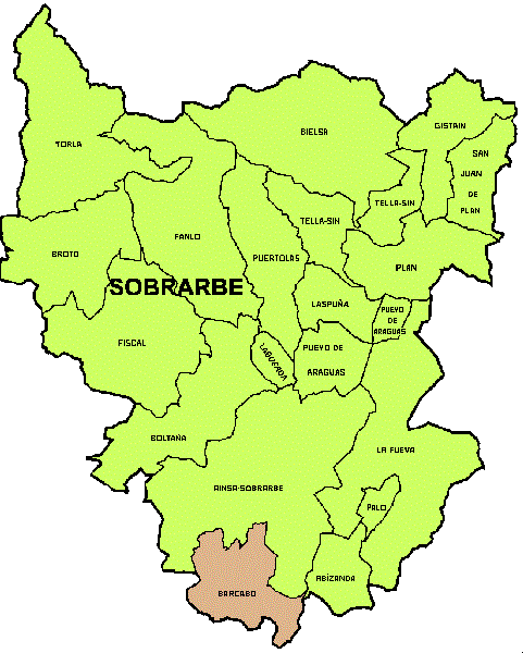 Mapa de la Comarca de Sobrarbe y municipios que la componen