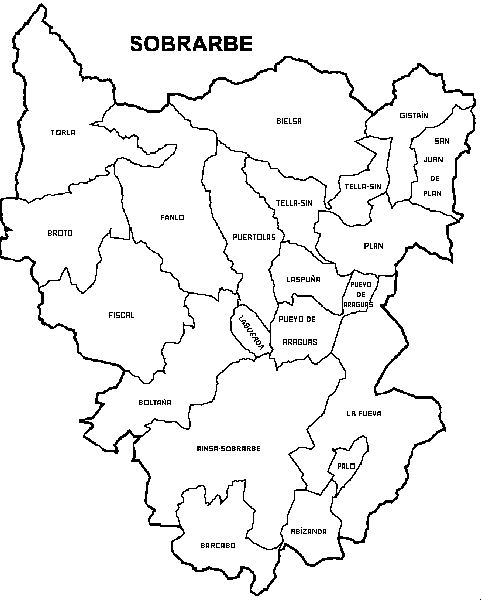 Mapa de la Comarca de Sobrarbe y municipios que la componen