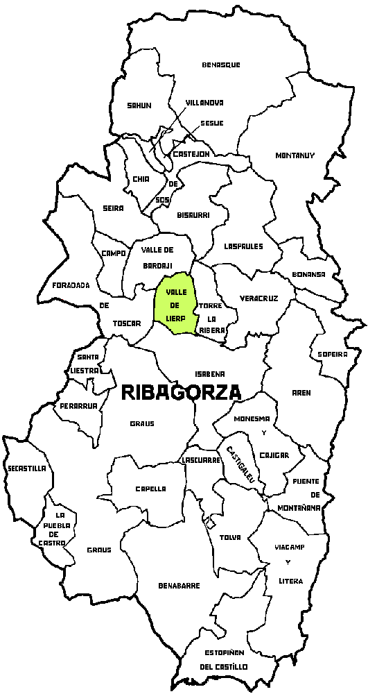 Mapa del Municipio de Valle de Lierp dentro de la Comarca de Ribagorza