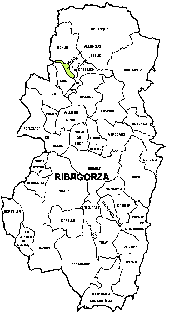 Mapa del Municipio de Villanova dentro de la comarca de Ribagorza