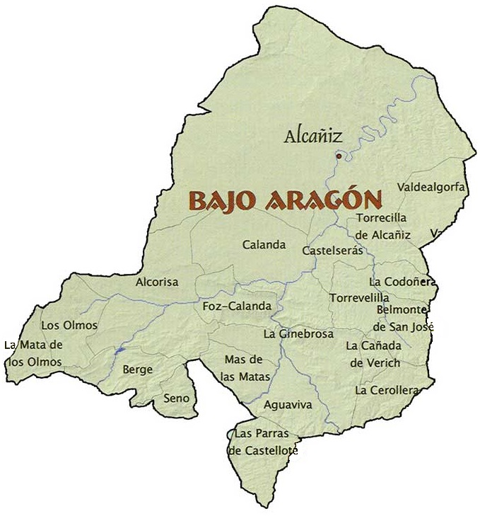 Mapa de la Comarca Bajo Aragón con detalle de los municipios y sus términos municipales