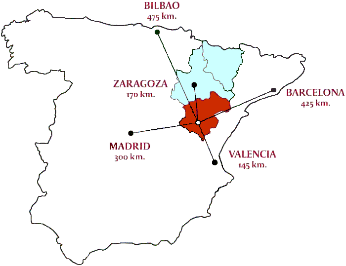 Mapa de distancias de Teruel dentro de España
