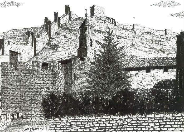 Albarracín (Teruel) murallas que rodean la ciudad dibujado a pluma según Miguel Brunet Castélls