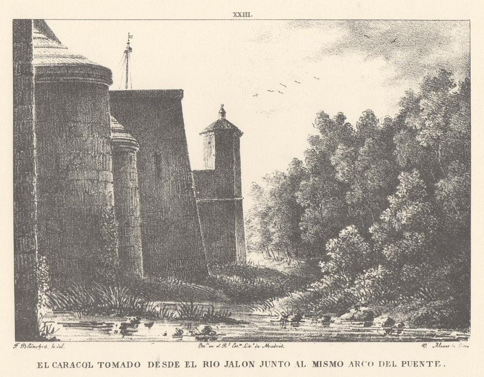 Lámina XXIII. Canal Imperial de Aragón. El Caracol tomado desde el río Jalón junto al mismo arco del puente. Memoria histórica.