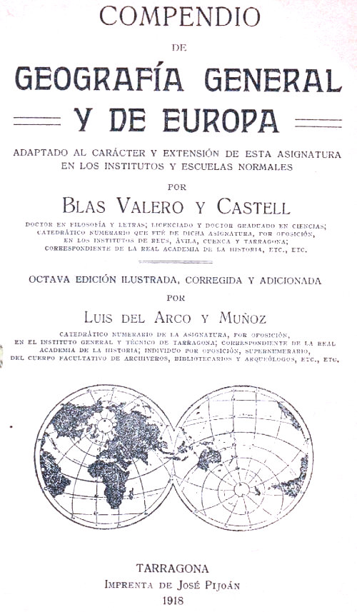 Geografía General y de Europa. Blas Valero y Castell. Tarragona 1918. Portada del Libro