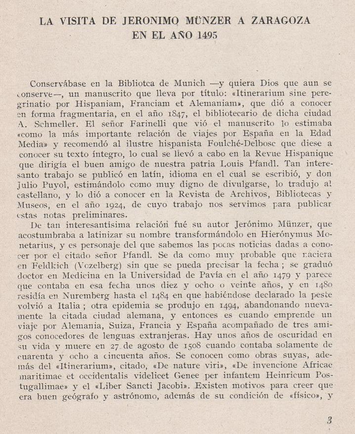 Página 3. La visita de Jerónimo Münzer a Zaragoza en el año 1495. Publicaciones de &Prime;La Cadiera XV&Prime;. Libreria General Zaragoza 1949.