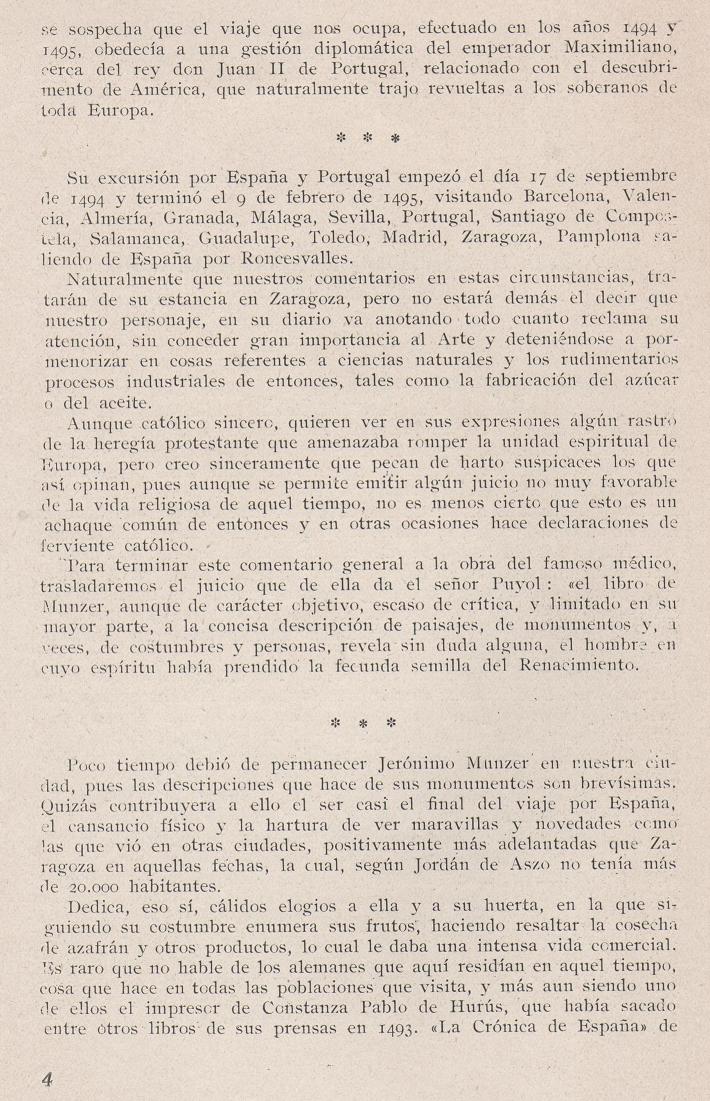 Página 4. La visita de Jerónimo Münzer a Zaragoza en el año 1495. Publicaciones de -La Cadiera XV-. Libreria General Zaragoza 1949.