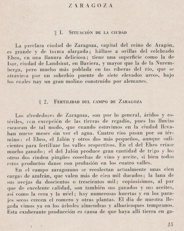 Página 15. La visita de Jerónimo Münzer a Zaragoza en el año 1495. Publicaciones de -La Cadiera XV-. Libreria General Zaragoza 1949.